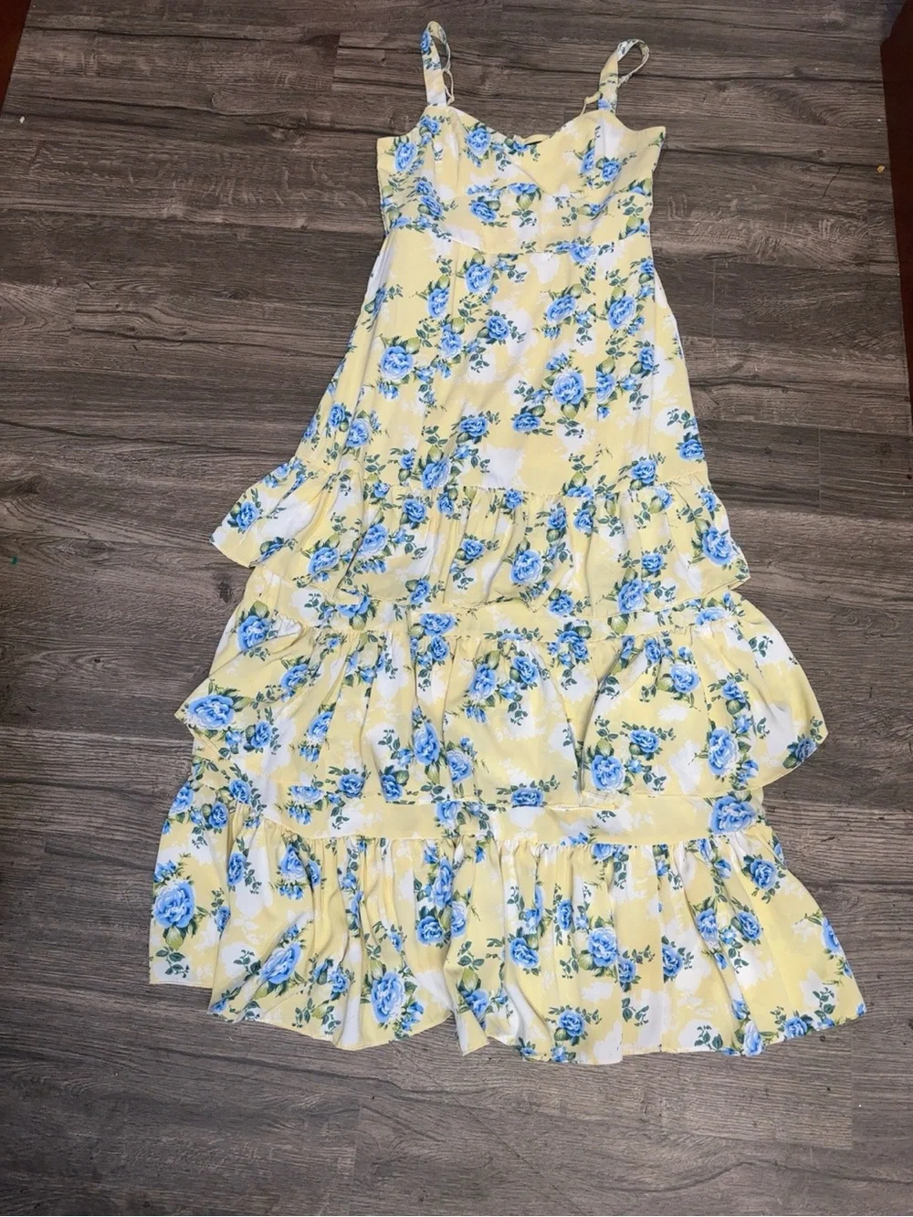 Abercrombie & Fitch Yellow Floral Tiered Midi Dress with Blue Accents